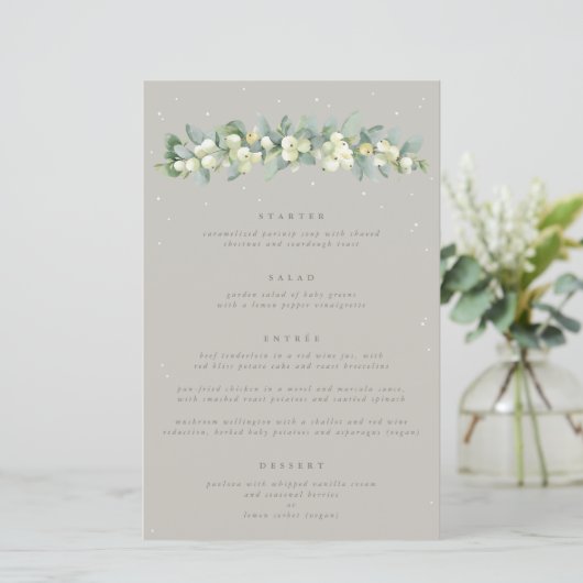 Greige Snowberry+Eukalyptus 4 Course Wedding Menu (Stehend Vorderseite)