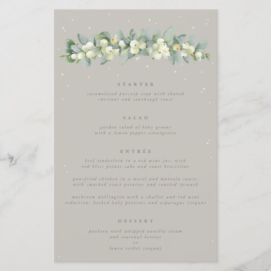 Greige Snowberry+Eukalyptus 4 Course Wedding Menu (Vorderseite)