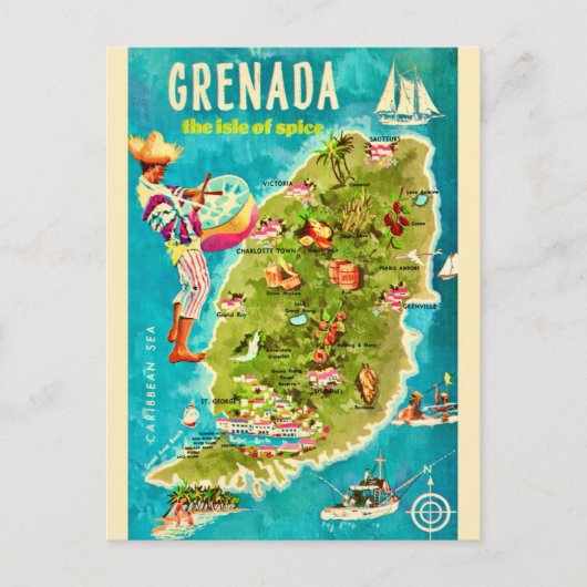 Grenada Island Map Postcard Postkarte (Vorderseite)