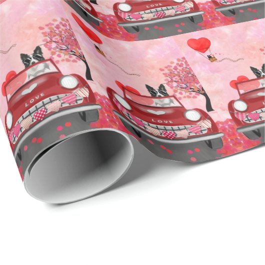 Grenz-Collie-Führer Auto mit Herz-Valentin Geschenkpapier (Rolleneckpunkt)