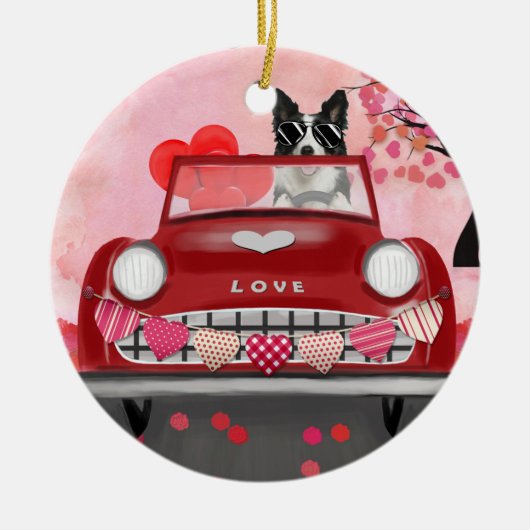 Grenz-Collie-Führer Auto mit Herz-Valentin Keramik Ornament (Vorne)
