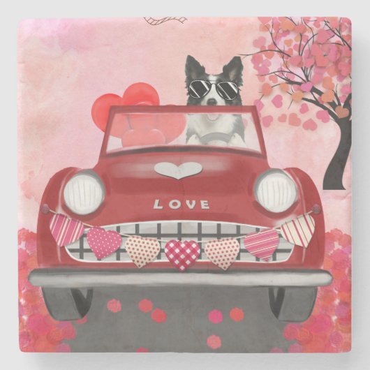 Grenz-Collie-Führer Auto mit Herz-Valentin Steinuntersetzer (Vorderseite)