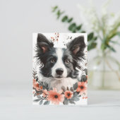 Grenz-Collie-Portrait mit Blumenrahmen Postkarte (Stehend Vorderseite)