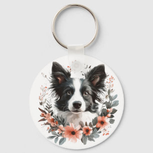 Grenz-Collie-Portrait mit Blumenrahmen Schlüsselanhänger