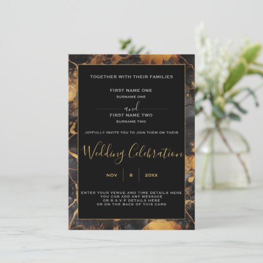 Grenz-Hochzeitseinladung für Schwarz-Gold-Marmor Einladung (Stehend Vorderseite)