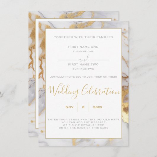 Grenz-Hochzeitsreise mit weißem und goldfarbenem M Einladung (Vorne/Hinten)