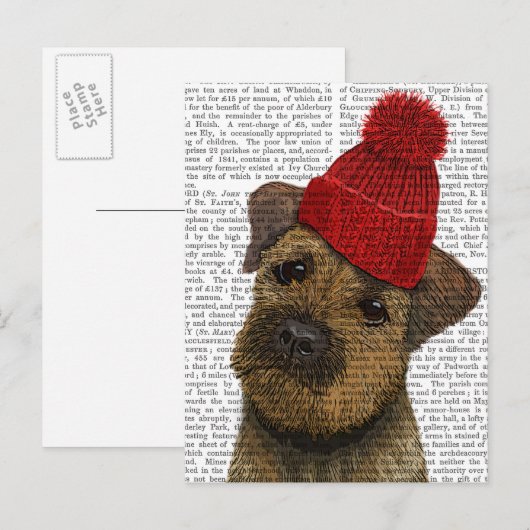 Grenz-Terrier mit Red Bobble Hat 3 Postkarte (Vorne/Hinten)