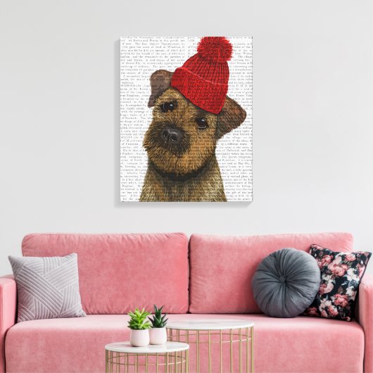 Grenz-Terrier mit Red Bobble Hat Leinwanddruck (Insitu (Wohnzimmer))