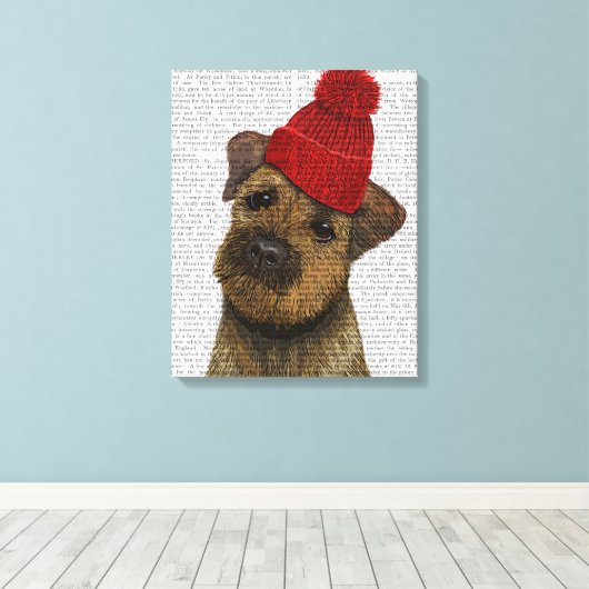 Grenz-Terrier mit Red Bobble Hat Leinwanddruck (Insitu (Holzboden))