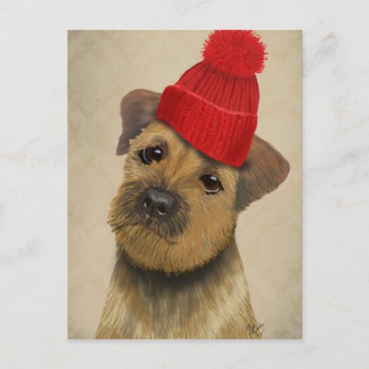 Grenz-Terrier mit Red Bobble Hat Postkarte (Vorderseite)