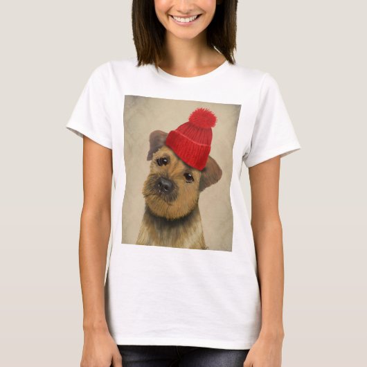 Grenz-Terrier mit Red Bobble Hat T-Shirt (Vorderseite)