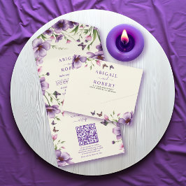 Grenze der violetten Blumen und UAWG QR-Code Hochz All In One Einladung