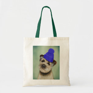 Grenze Terrier mit Blau Bobble Hut Tragetasche