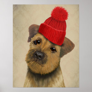 Grenze Terrier mit Rot Bobble Hut Poster