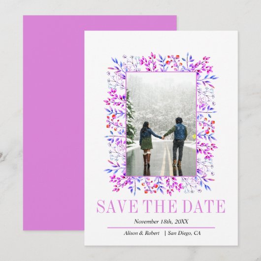 Grenze von Blätter und Beeren lila Save The Date (Vorne/Hinten)
