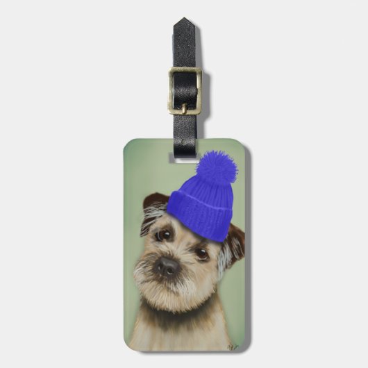 Grenzer Terrier mit blauem Bobble Hat Gepäckanhänger (Vorderseite vertikal)