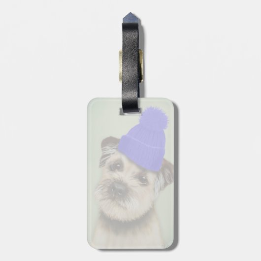 Grenzer Terrier mit blauem Bobble Hat Gepäckanhänger (Rückseite vertikal)