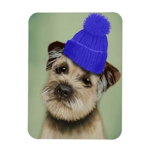 Grenzer Terrier mit blauem Bobble Hat Magnet (Vertikal)