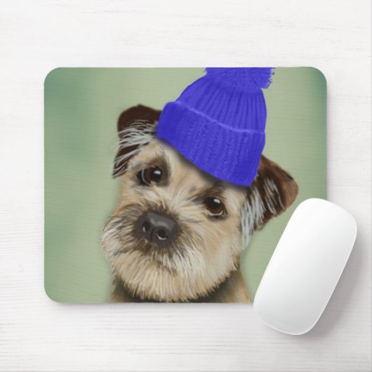 Grenzer Terrier mit blauem Bobble Hat Mousepad (Mit Mouse)