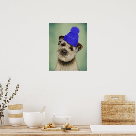 Grenzer Terrier mit blauem Bobble Hat Poster (Küche)