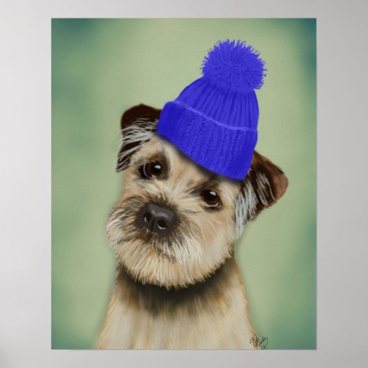 Grenzer Terrier mit blauem Bobble Hat Poster (Vorne)