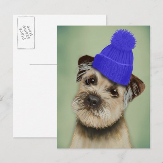 Grenzer Terrier mit blauem Bobble Hat Postkarte (Vorne/Hinten)