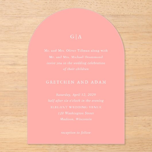 Gretchen Coral Pink Elegant Wedding Acryleinladungen (Vorderseite)