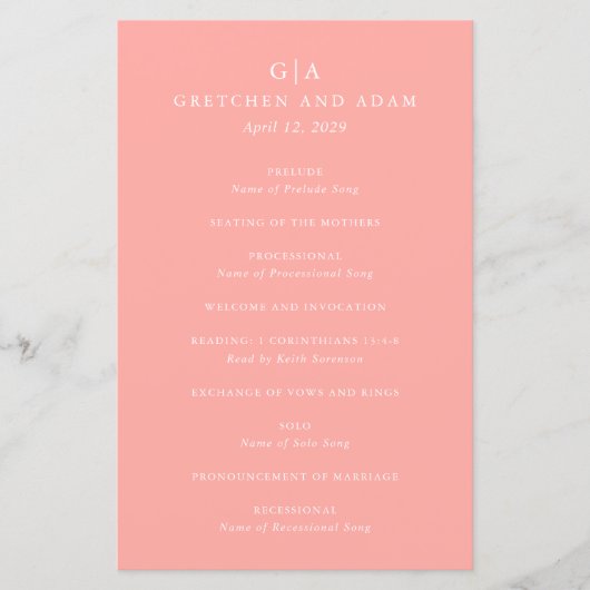 Gretchen Coral Pink Elegant Wedding Program (Vorderseite)