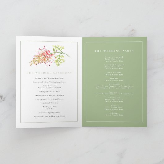 Grevillea Aquarell Blütengrün Hochzeit Programm (Innenseite)