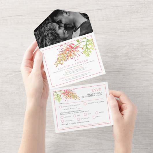 Grevillea Aquarell Blütenhochzeit RSVP Optionen All In One Einladung (Abreißen)