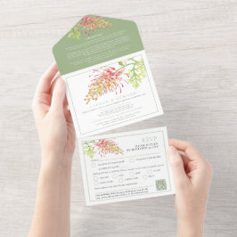 Grevillea Aquarell Hochzeit RSVP Detail Grün QR All In One Einladung