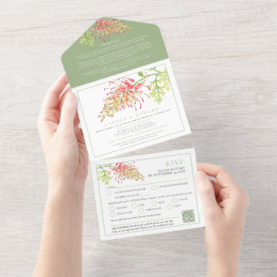 Grevillea Aquarell Hochzeit RSVP Detail grüner QR All In One Einladung