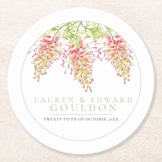 Grevillea Blume Aquarellfarben Hochzeitsgrün Runder Pappuntersetzer (Vorderseite)