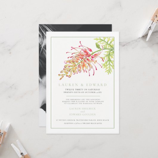 Grevillea botanisches Foto Hochzeitsgrün Einladung (Vorderseite/Rückseite Beispiel)