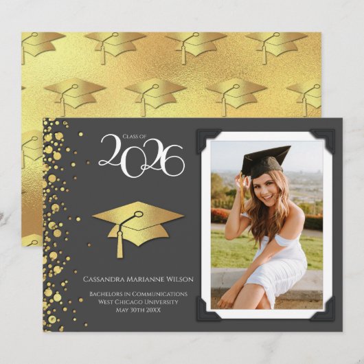 Grey and Gold Graduation Announcement Einladung (Vorne/Hinten)