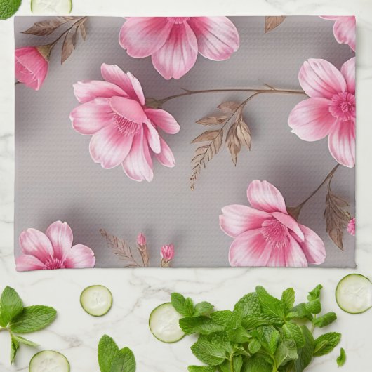 Grey and Pink Floral  Geschirrtuch (Gefaltet)