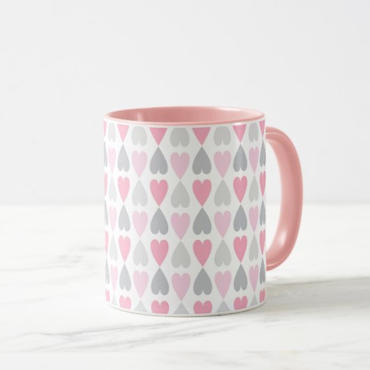 Grey and Pink Hearts Coffee Cup Valentine's Mug Tasse (VorderseiteRechts)