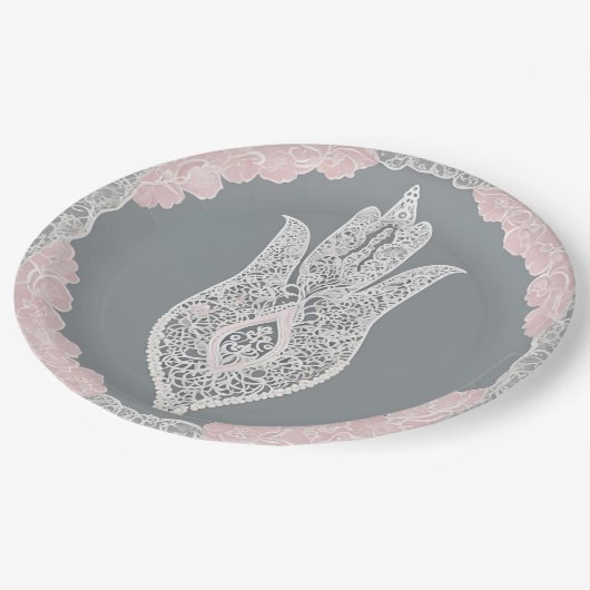 Grey and pink patterns AI art Pappteller (Schrägansicht)