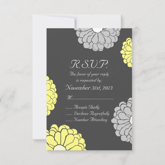 Grey and Yellow Zinnia Blume Wedding RSVP Karte (Vorderseite)
