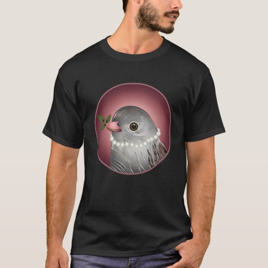 Grey bird with pearl necklace and branch in beak T-Shirt (Vorderseite)