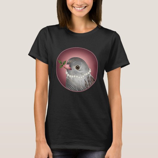 Grey bird with pearl necklace and branch in beak T-Shirt (Vorderseite)
