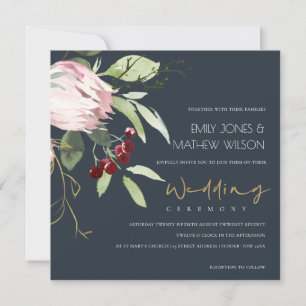 GREY BLACK BLUSH BURGUNDY PROTEA FLORAL WEDDING EINLADUNG