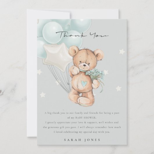 Grey Blue Bear Bear Bearly Wait Balloon Baby Dusch Dankeskarte (Vorderseite)