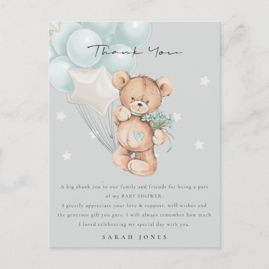 Grey Blue Bear Bear Bearly Wait Balloon Baby Dusch Postkarte (Vorderseite)