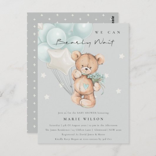 Grey Blue Bear Bear Bearly Wait Balloon Baby Dusch Postkarte (Vorne/Hinten)