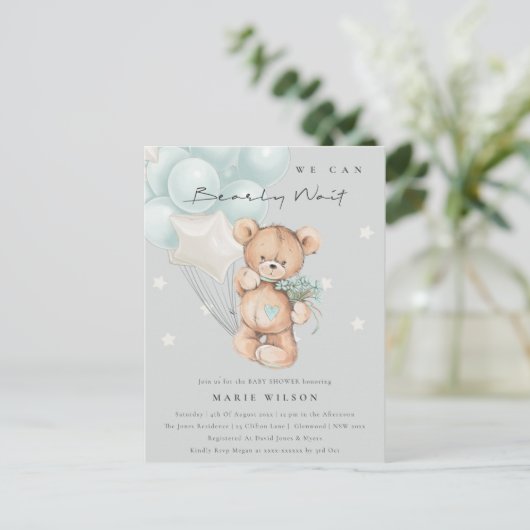 Grey Blue Bear Bear Bearly Wait Balloon Baby Dusch Postkarte (Stehend Vorderseite)