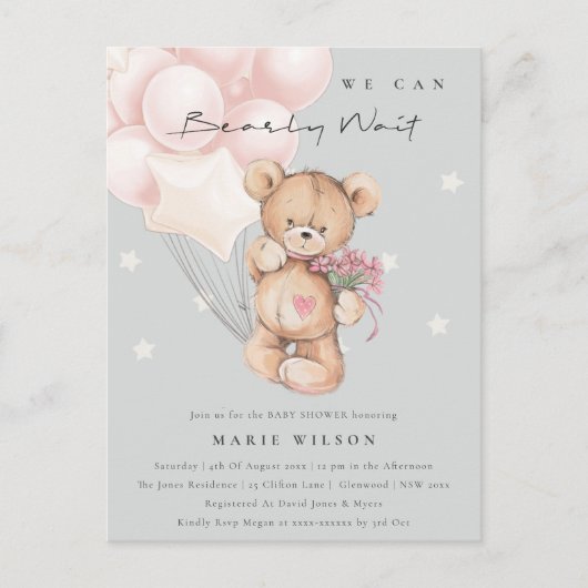 Grey Blush Bear Bearly Wait Balloon Babydusche Postkarte (Vorderseite)