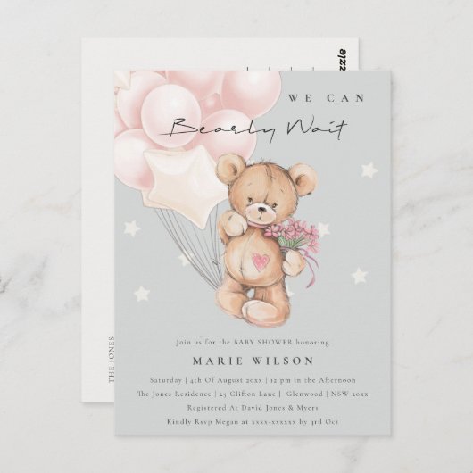 Grey Blush Bear Bearly Wait Balloon Babydusche Postkarte (Vorne/Hinten)