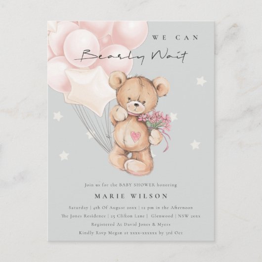 Grey Blush Bear Bearly Wait Balloon Babydusche Postkarte (Vorderseite)