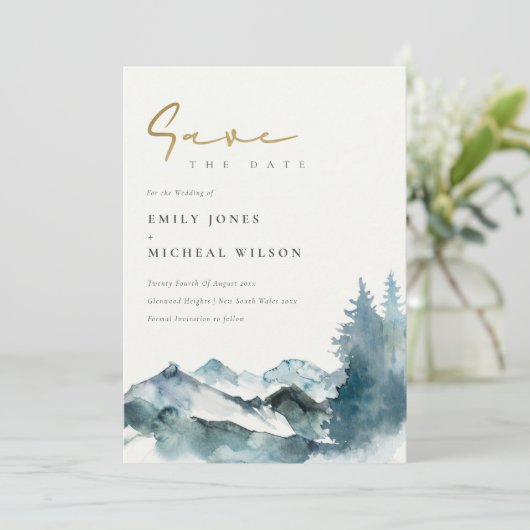 Grey Blush Blue Mountains Pine Save the Date Einladung (Stehend Vorderseite)